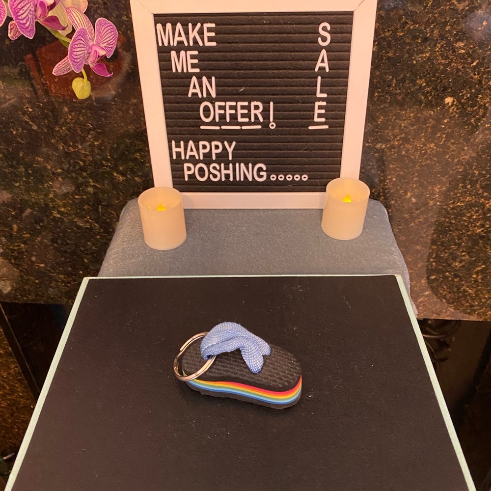 Vintage Flip-Flop Keychain with Rainbow Stripes.